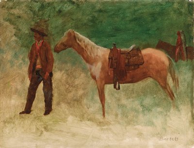 Stående cowboy med hest av Albert Bierstadt