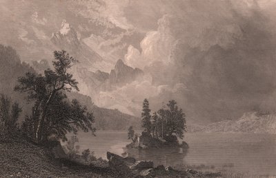Utsikt over Lake Esther, Sierra Nevada, California, USA, stålgravering av Robert Hinshelwood (1812-etter 1875) etter maleri av Albert Bierstadt (1830-1902), ca. 19x14 cm av Albert Bierstadt