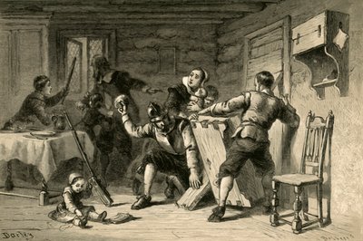 Puritanere barrikaderte huset sitt mot indianere, 1877. av Albert Bobbett