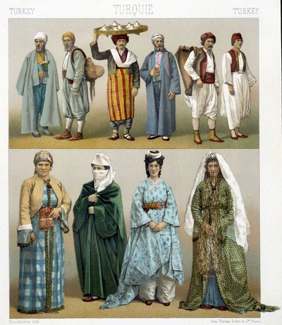 Tyrkiske kostymer fra 1800-tallet. Illustrasjon i "Le costume historique"" av Racinet av Albert Charles August Racinet
