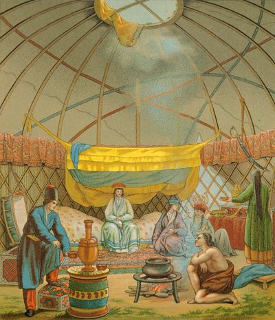 En Kalmyk, et Kalmuk-telt, illustrasjon fra The Complete Costume History av Racinet Auguste av Albert Charles August Racinet