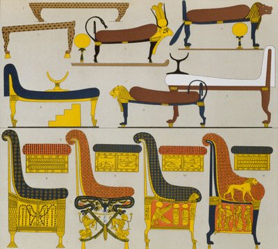 Gamle egyptiske møbler, litografi av Spiegel, fra Le Costume Historique ( History of Costumes), Vol II, av Auguste Racinet av Albert Charles August Racinet