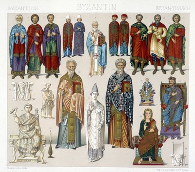 Bysantinske kostymer. Illustrasjon i "Den historiske drakten" av Racinet av Albert Charles August Racinet