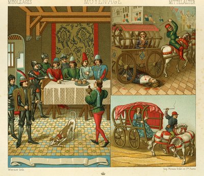 Slottsliv og transportmidler den 14., Illustrasjon fra The Complete Costume History av Racinet Auguste av Albert Charles August Racinet