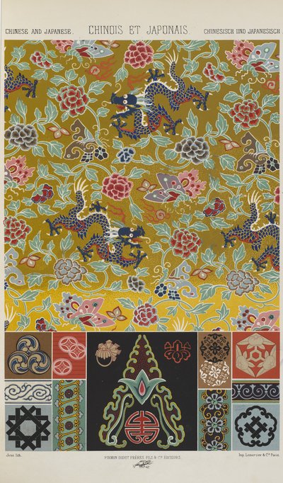 Kinesisk og japansk, plate 13 fra 'Polychromatic Ornament: One Hundred Plates in Gold, Silver and Colours' av Albert Charles August Racinet