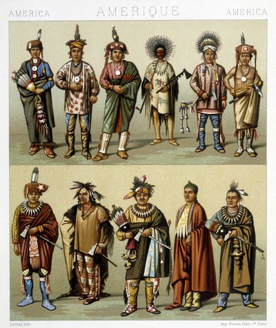Rød furudrakt. Illustrasjon i ""Den historiske drakten""" av Racinet av Albert Charles August Racinet