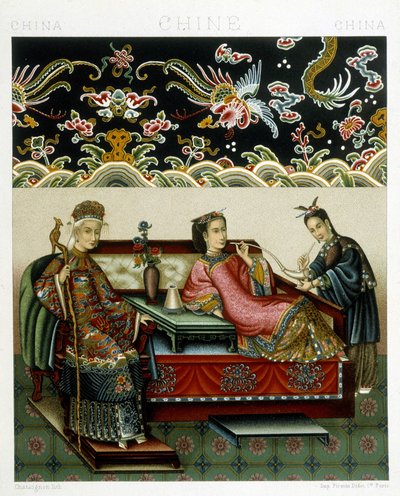 Kostyme til den kinesiske impressen. Kromolitografisk plate - i "" Le costume historique"" av Racinet av Albert Charles August Racinet