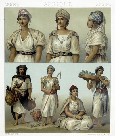 Kostymer og hodeplagg til kabylkvinner (øverst). Tunisiske og algeriske kostymer (nederst). Illustrasjon i "" Le costume historique"" av Racinet av Albert Charles August Racinet