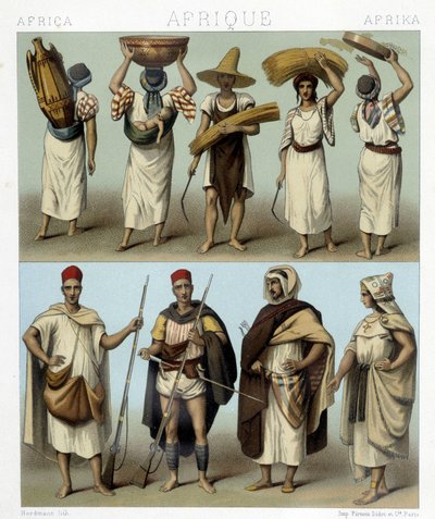 Kostymer fra Algerie og Tunisia. Illustrasjon i "Le costume historique"" av Racinet av Albert Charles August Racinet