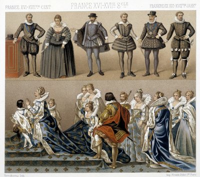 Kostymer til dronning Marguerite av Frankrike (nederst), og Henry IV (øverst) på 1600- og 1700-tallet. Illustrasjon i "" Le costume historique"" av Racinet av Albert Charles August Racinet
