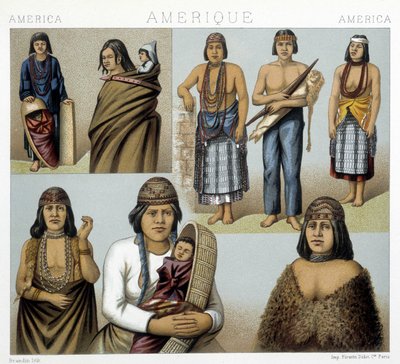 Kostymer til California-indianerne. Illustrasjon i "Den historiske drakten" av Racinet av Albert Charles August Racinet