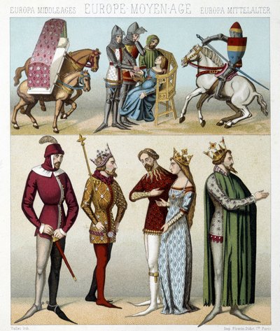 Middelalderens kostymer i Frankrike. Illustrasjon i "Le costume historique"" av Racinet av Albert Charles August Racinet