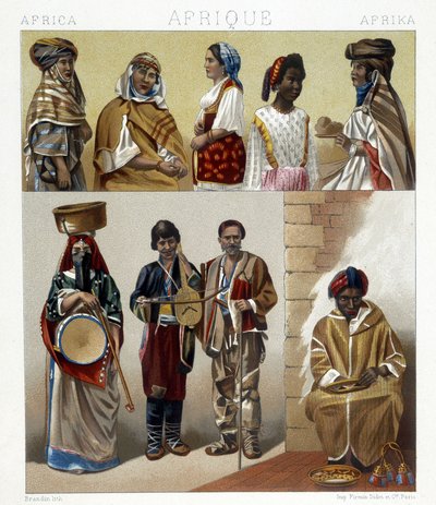 Egyptiske kostymer. Illustrasjon i "Den historiske drakten" av Racinet av Albert Charles August Racinet