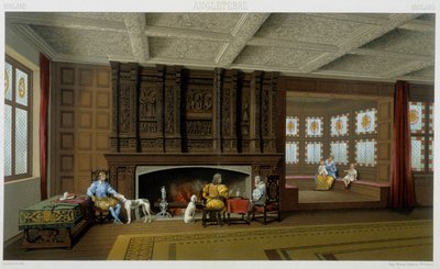 Engelsk lord og hans familie i hans hjem fra 1600-tallet. Kromolitografisk plate - i "" Le costume historique"" av Racinet av Albert Charles August Racinet