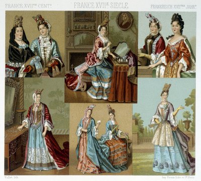 Mote og frisør i Frankrike på 1700-tallet - i "" Le costume historique"" av Racinet, sent på 1800-tallet av Albert Charles August Racinet