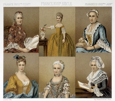 Fransk feminin mote på 1700-tallet. Illustrasjon i "" Le costume historique"" av Racinet av Albert Charles August Racinet
