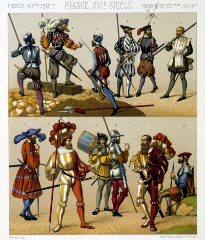 Franske militærdrakter på 1500-tallet. Kromolitografisk plate - i "" Le costume historique"" av Racinet av Albert Charles August Racinet