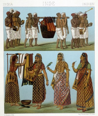 Begravelse (øverst på bildet) og klesvask (nederst på bildet) i India. Illustrasjon i "" Le costume historique"" av Racinet av Albert Charles August Racinet