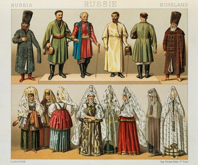 Historisk kjole fra det russiske folk, illustrasjon fra The Complete Costume History av Racinet Auguste av Albert Charles August Racinet