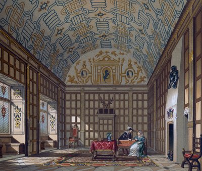 Interiør i engelsk bolig fra 1500-tallet, litografi av Gaulard fra Le Costume historique (The Complete Costume History) av Albert Charles August Racinet