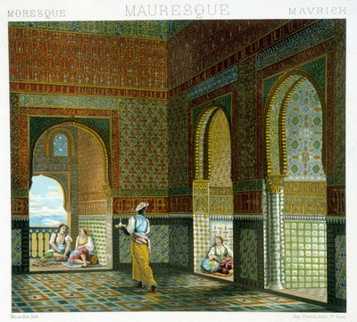 Interiør i et maurisk hus (Alhambra, velsignelsens rom). Kromolitografisk plate - i "" Le costume historique"" av Racinet av Albert Charles August Racinet