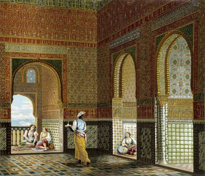 Interiør i et maurisk hus (Alhambra, velsignelsens rom). Kromolitografisk plate - i "" Le costume historique"" av Racinet av Albert Charles August Racinet