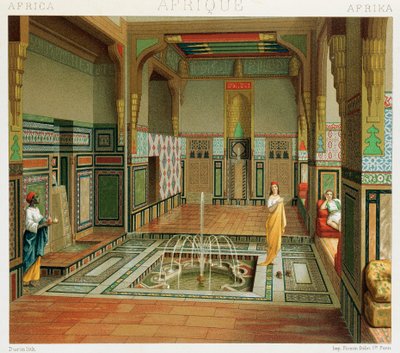 Interiør i et rikt hus i Kairo, illustrasjon fra Complete Costume History av Auguste Racinet av Albert Charles August Racinet