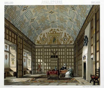 Interiør i et staselig hus i England på 1600-tallet. Illustrasjon i "" Le costume historique"" av Racinet av Albert Charles August Racinet