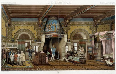 Interiør i et staselig herskapshus i middelalderen - i "" Den historiske drakten"" av Racinet av Albert Charles August Racinet