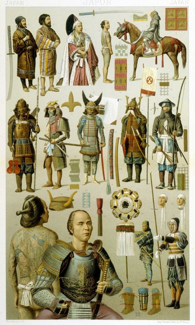 Japanske krigerkostymer (samoura eller yakuza eller yakuza). Kromolitografisk plate - i "" Le costume historique"" av Racinet av Albert Charles August Racinet