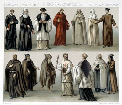 Monastiske drakter i Europa fra 1400- til 1700-tallet. Illustrasjon i "" Le costume historique"" av Racinet av Albert Charles August Racinet