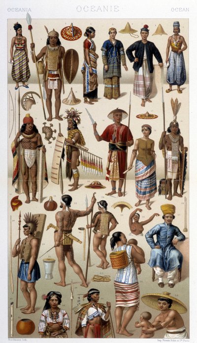 Folk i Malaysia og Polynesia (Oceania). Illustrasjon i "" Le costume historique"" av Racinet av Albert Charles August Racinet