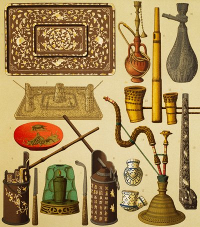 Pipe og gjenstander brukt av røykere, litografi av Schmidt fra The Complete Costume History, første bind, av Auguste Racinet (1825-1893), Paris av Albert Charles August Racinet
