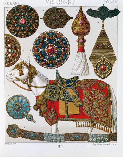 Polske ornamenter, hestehusarer, litografi hentet fra Schmidts Costume historique, bind V av Albert Charles August Racinet