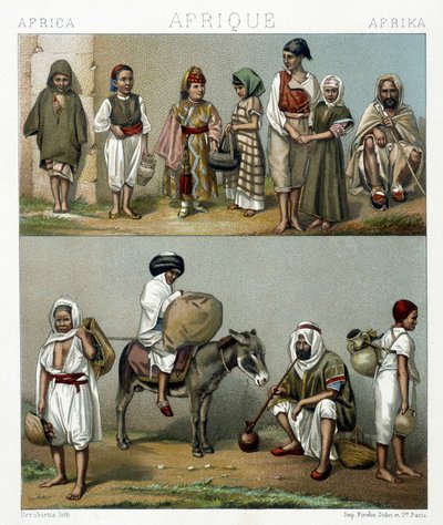 Populære kostymer fra Algerie og Tunisia. Illustrasjon i "" Le costume historique"" av Racinet av Albert Charles August Racinet