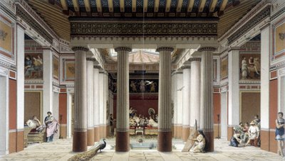 Atriet til et hus i gresk antikken - i "" Den historiske drakten"", av Racinet av Albert Charles August Racinet