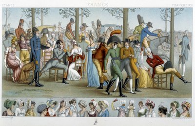 Borgerskapet går til Longchamp, deb. 1800-tallet - i "" Le costume historique"" av Racinet av Albert Charles August Racinet