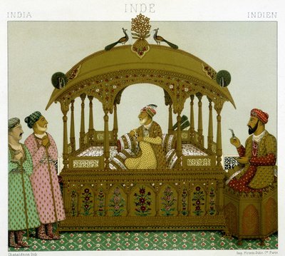 Mughal-keisernes trone. Kromolitografisk plate - i "" Le costume historique"" av Racinet av Albert Charles August Racinet