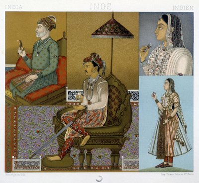 Tradisjonelle Mugoler og Maharajah-kostymer i India - i "" Den historiske drakten"" av Racinet av Albert Charles August Racinet
