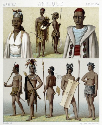 Tradisjonelle drakter og smykker fra Timbuktu og Øvre Nilen. Illustrasjon i "" Le costume historique"" av Racinet av Albert Charles August Racinet