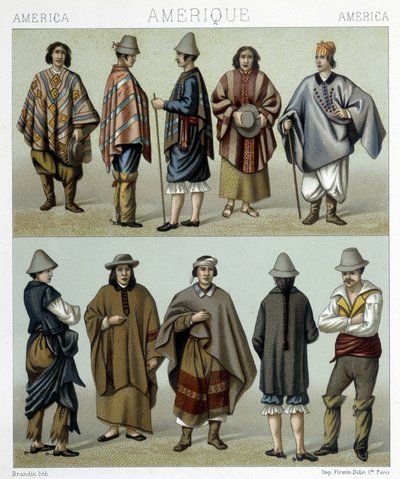 Tradisjonelle kostymer fra Chile. Illustrasjon i "Den historiske drakten" av Racinet av Albert Charles August Racinet