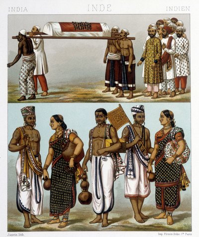 Tradisjonelle drakter av muslimer (øverst på bildet) og hinduer (nederst) som bor i India. Illustrasjon i "" Le costume historique"" av Racinet av Albert Charles August Racinet
