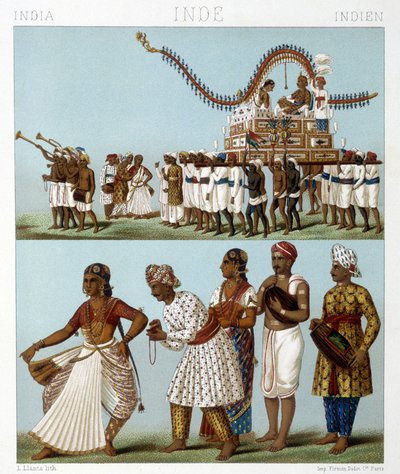 Transport, musikk, dans og tradisjonelle kostymer i India. Illustrasjon i "" Le costume historique"" av Racinet av Albert Charles August Racinet