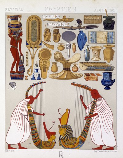Ulike antikke gjenstander fra Egypt - i "" Den historiske drakten"" av Racinet av Albert Charles August Racinet