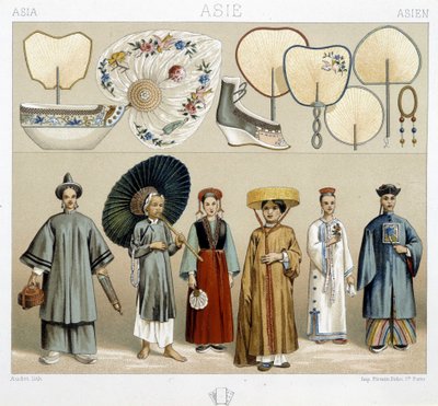 Forskjellige damekostymer i Kina: vifter, sko... - i "The historical costume" av Racinet av Albert Charles August Racinet