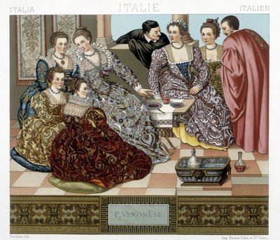 Venetianske kostymer fra 1600-tallet. Illustrasjon i "Den historiske drakten" av Racquet av Albert Charles August Racinet
