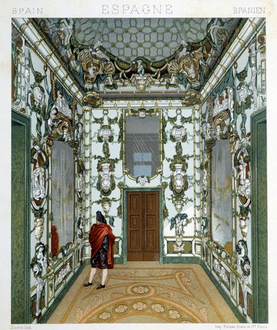Utsikt over en mann inne i det kongelige palasset i Madrid. Kromolitografisk plate - i "" Le costume historique"" av Racinet av Albert Charles August Racinet
