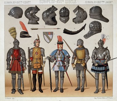 Krigere på 1400- og 1600-tallet - i "" Le costume historique"" av Racinet av Albert Charles August Racinet