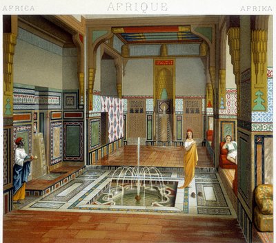 Kvinne og hennes tjener er ved siden av en fontene i et hus i Kairo (Egypt). Kromolitografisk plate - i "" Le costume historique"" av Racinet av Albert Charles August Racinet