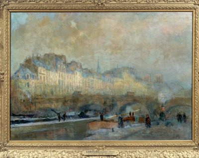 Paris, La Monnaie-slusen, vintersol eller utsikt over Pont-Neuf og Île de la Cite-maleri av Albert Lebourg (1849-1928). 1800-tallet. Sol. 0,815 x 1,155 Musee d